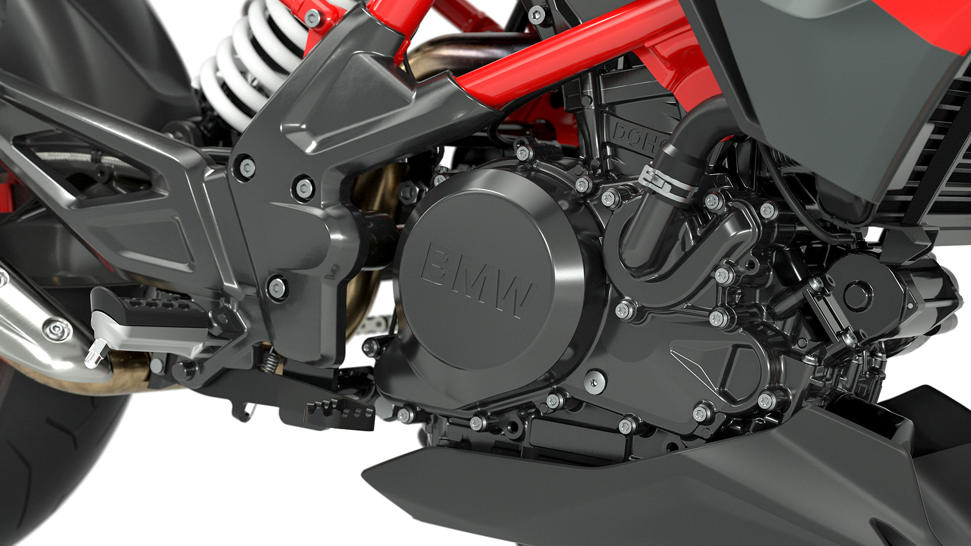 We see the titanium grey engine of the G 310 R.