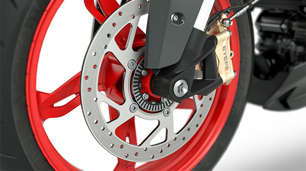 We see the brake system of the G 310 R.