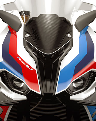 We see the asymmetrical colour concept of the M RR with the basic colours light blue, dark blue and red.