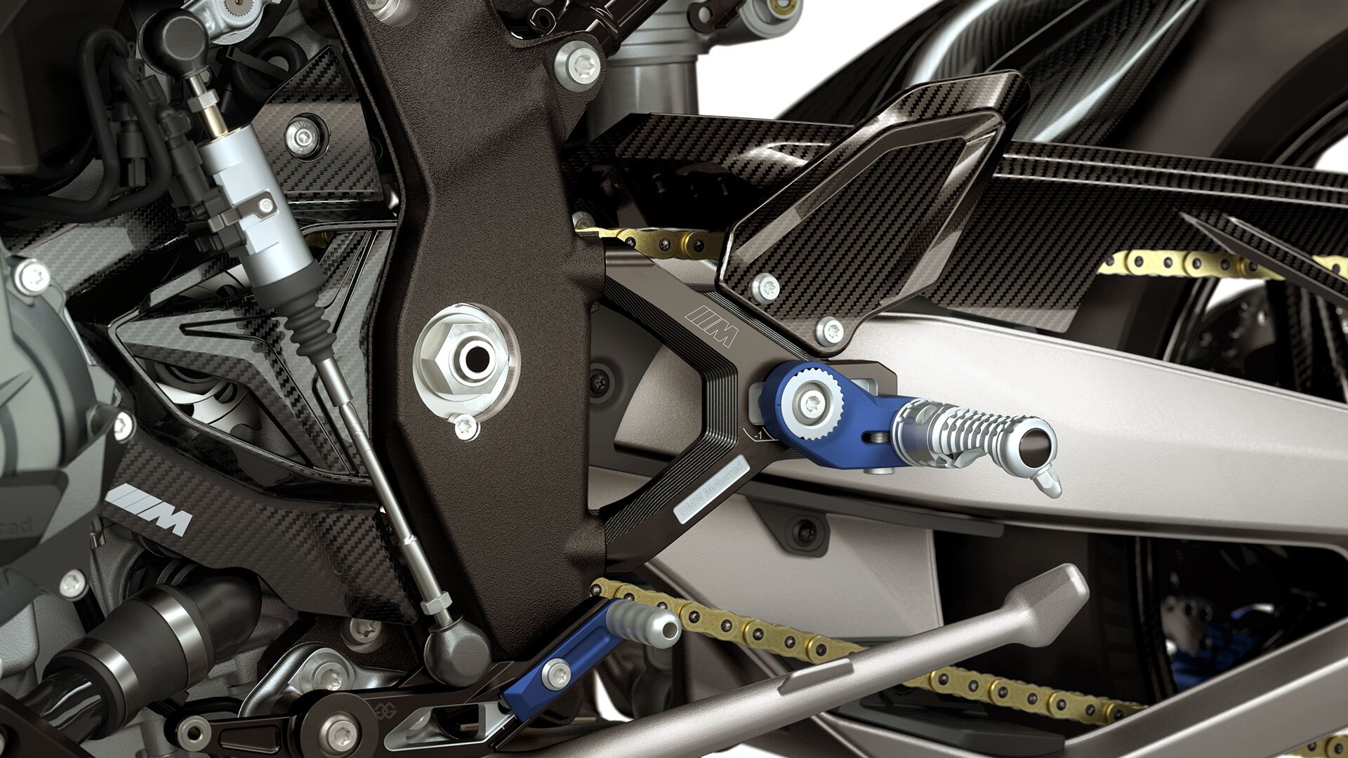We see the M milled parts and M carbon parts of the M RR in the footrest system.